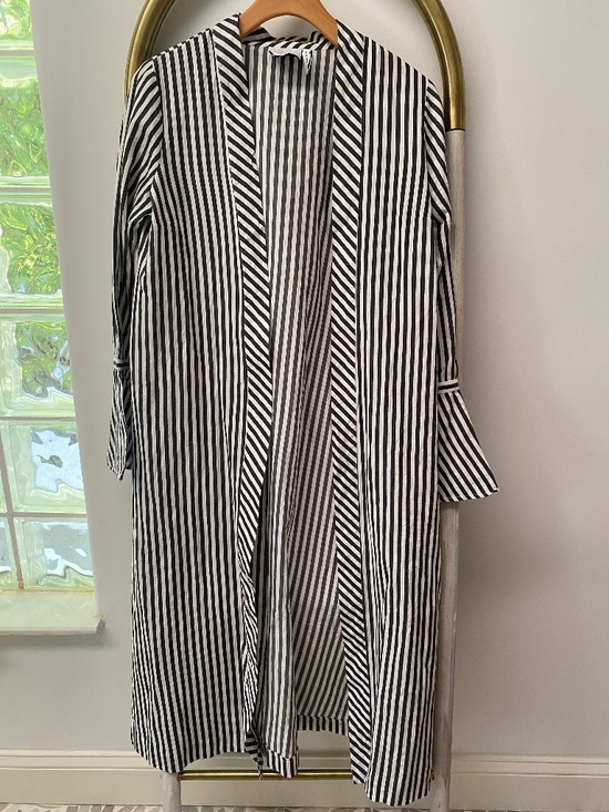 L’Academie Duster Alex Grey White Stripe Cardigan Open Front Gray & White Size S - Picture 1 of 5